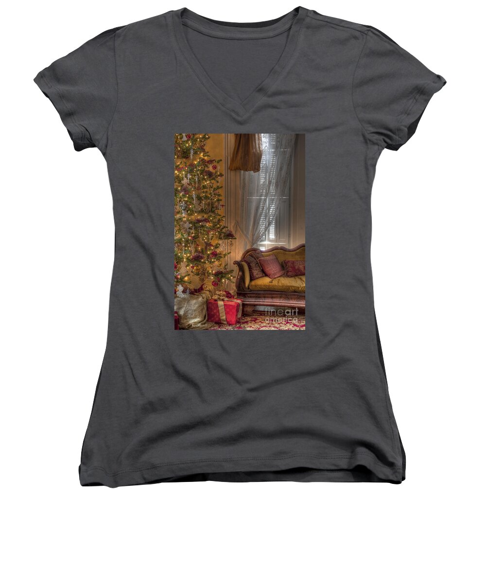 Inside; Indoors; Interior; Sofa; Christmas; Tree; Window; Curtains; Drapes; Presents; Gift; Wood; Rug; Victorian; Decorations; Ornaments; Lights; Seasonal; Season; Holiday Women's V-Neck featuring the photograph By The Christmas Tree by Margie Hurwich