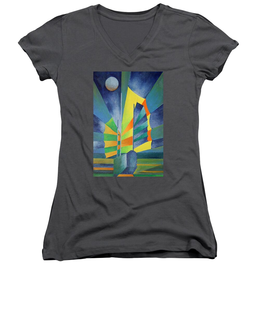 Sailboat Women's V-Neck featuring the painting By The Light Of The Silvery Moon by Taiche Acrylic Art