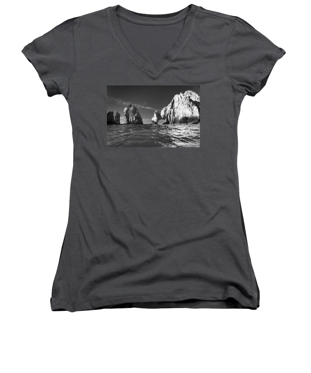 Los Cabos Women's V-Neck featuring the photograph Cabo in Black and White by Sebastian Musial