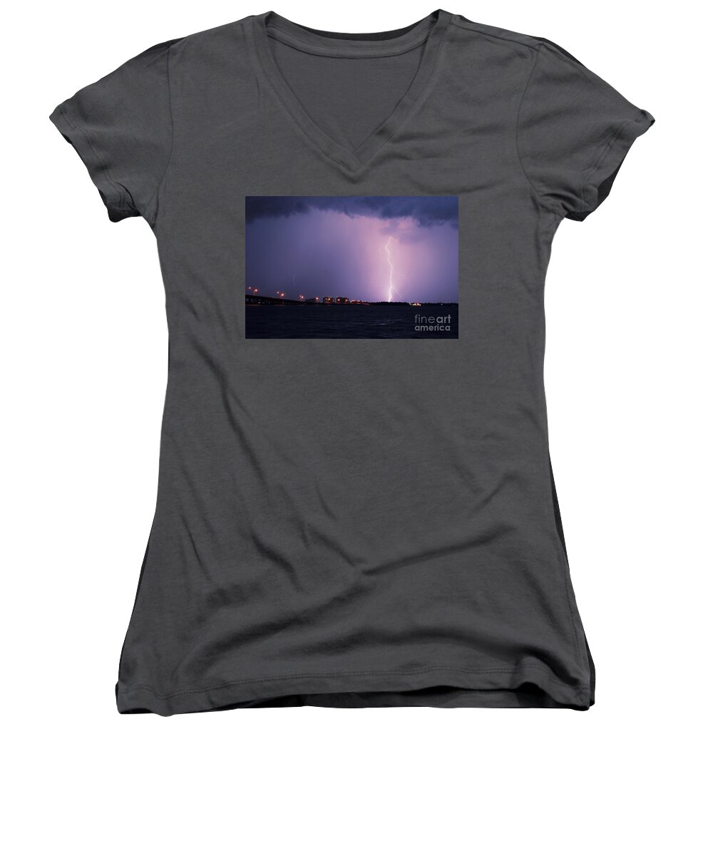 Lightning Women's V-Neck featuring the photograph Caloosahatchee River by Quinn Sedam