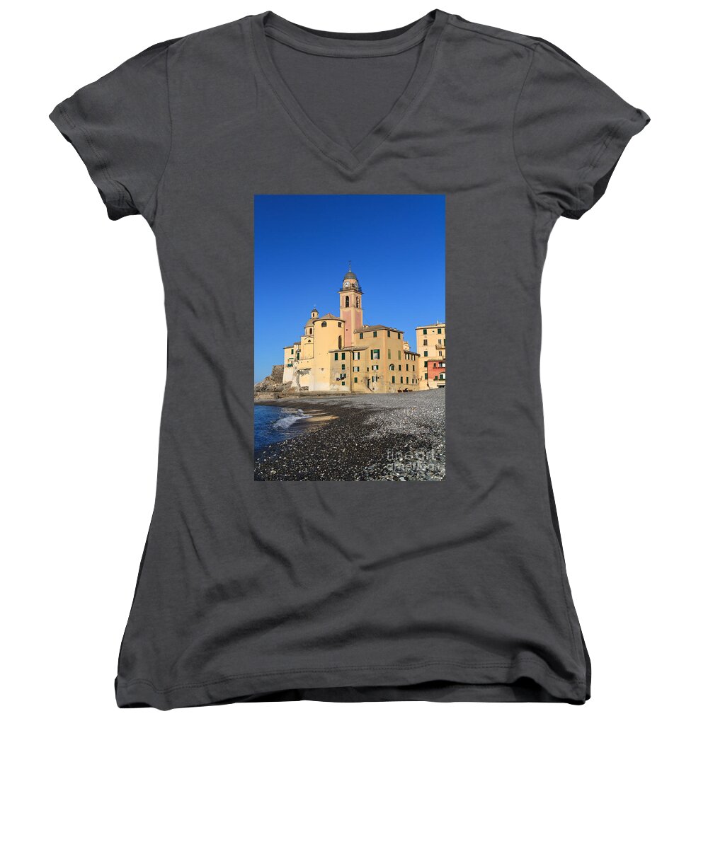 Ancient Women's V-Neck featuring the photograph Camogli seaside and church by Antonio Scarpi