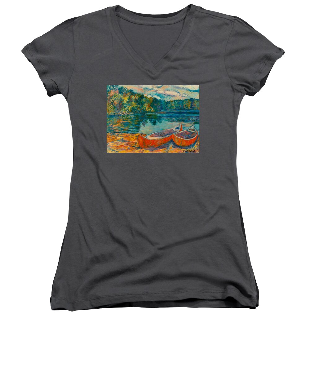 Landscape Women's V-Neck featuring the painting Canoes at Mountain Lake by Kendall Kessler