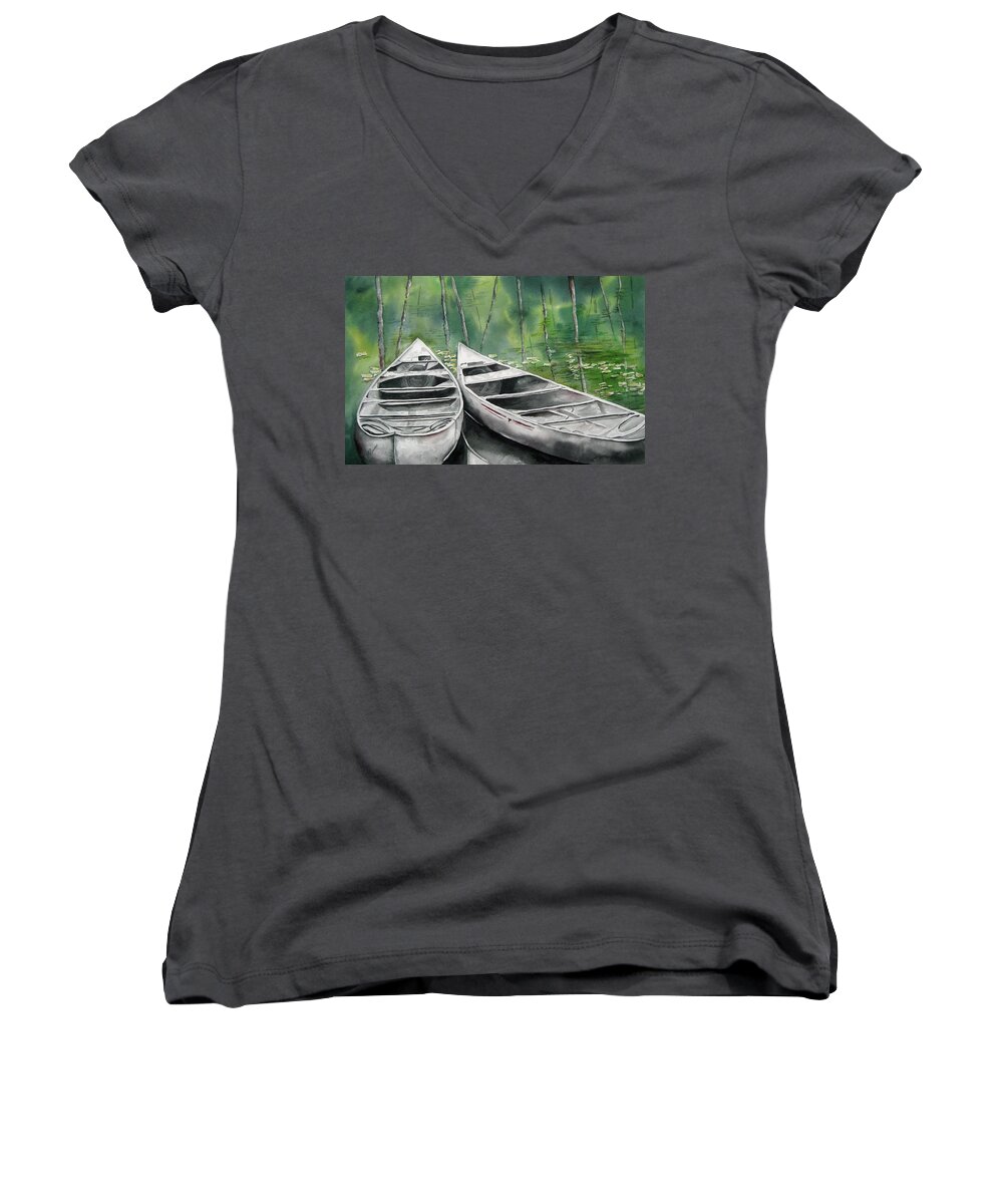 Lake Women's V-Neck featuring the painting Canoes To Go by Mary McCullah