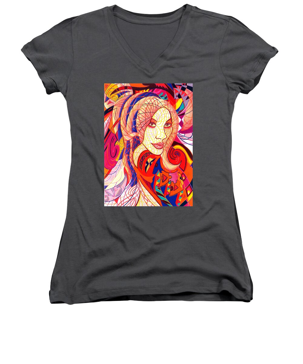 Abstract Women's V-Neck featuring the drawing Carnival Girl by Danielle R T Haney
