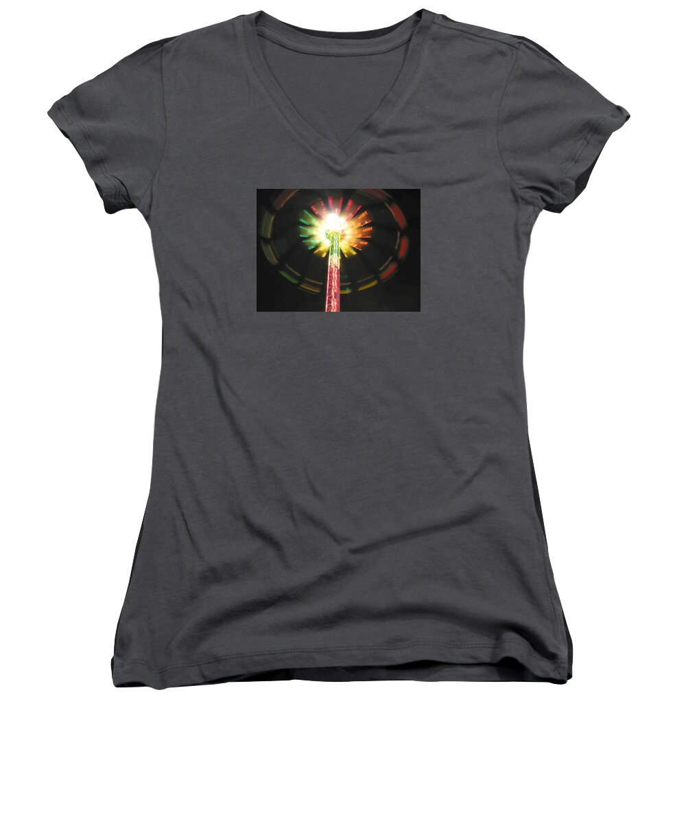 Carnival Ride Women's V-Neck featuring the photograph Carnival Ride at Night by Connie Fox