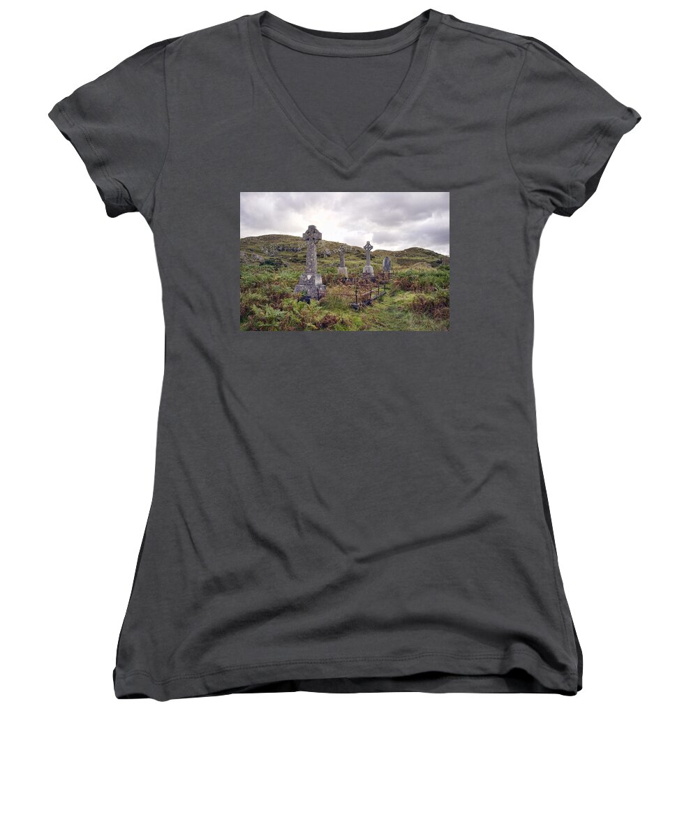 Celtic Cross Women's V-Neck featuring the photograph Celtic Cemetary by Hugh Smith