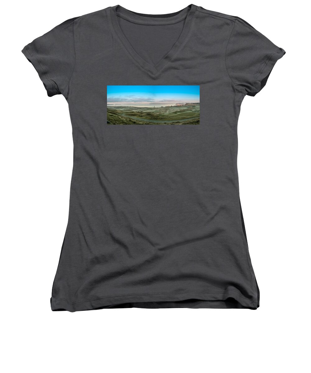 Golf Course Women's V-Neck featuring the photograph Chambers Bay Panorama by E Faithe Lester