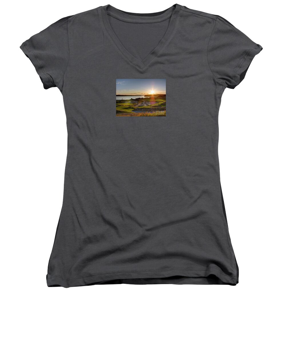 Chambers Creek Women's V-Neck featuring the photograph Chambers Bay Sun Flare - 2015 U.S. Open by Chris Anderson