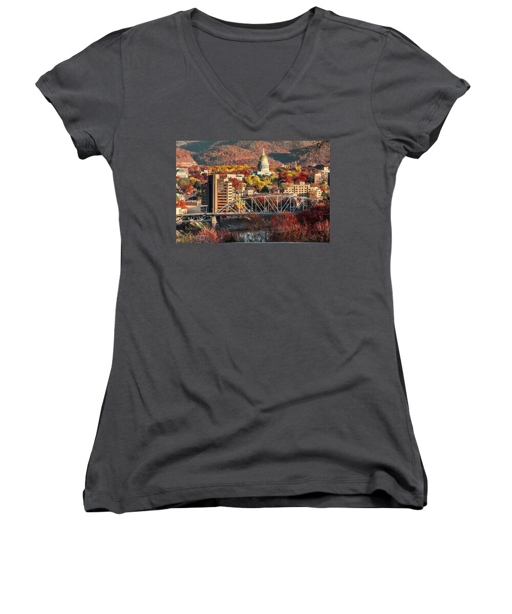 West Virginia Women's V-Neck featuring the photograph Charleston and WV Capitol by Mary Almond