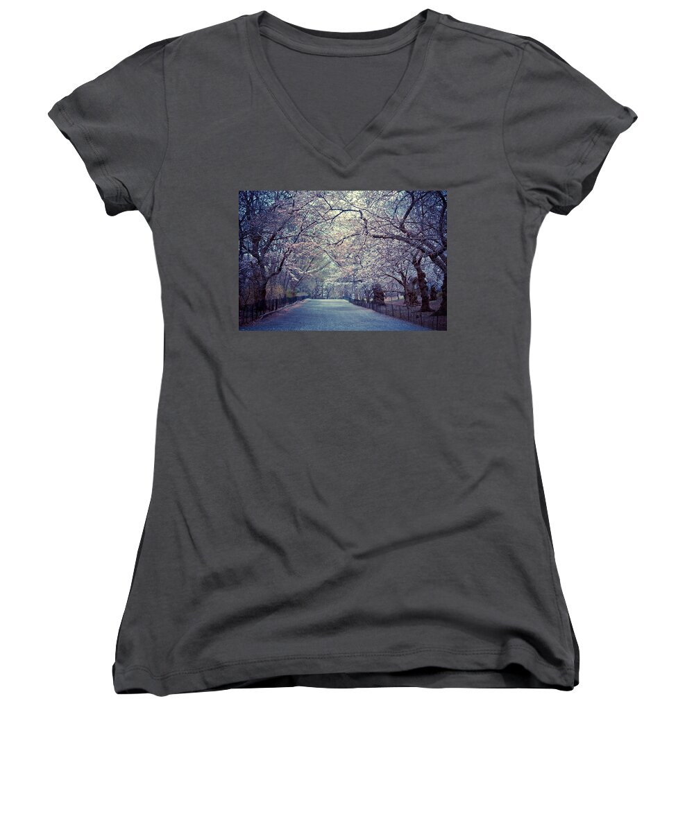 Central Park Women's V-Neck featuring the photograph Cherry Blossoms - Spring - Central Park by Vivienne Gucwa