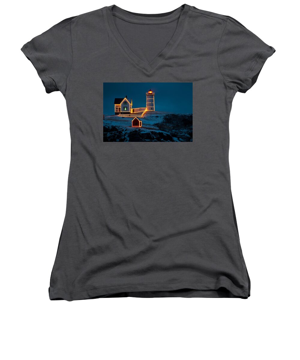 Light Women's V-Neck featuring the photograph Christmas at Nubble Light by Paul Mangold