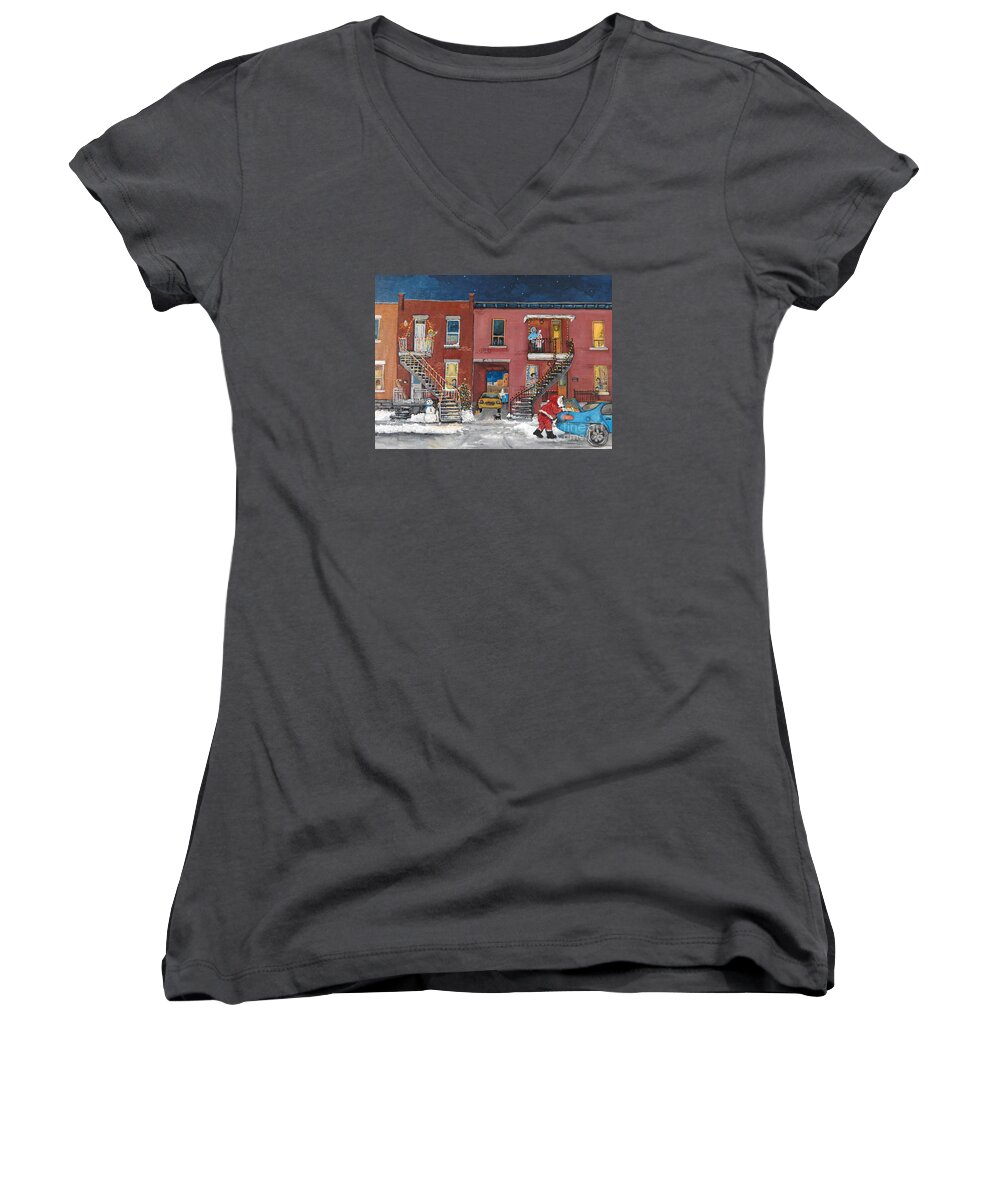 Christmas Women's V-Neck featuring the painting Christmas in the City by Reb Frost