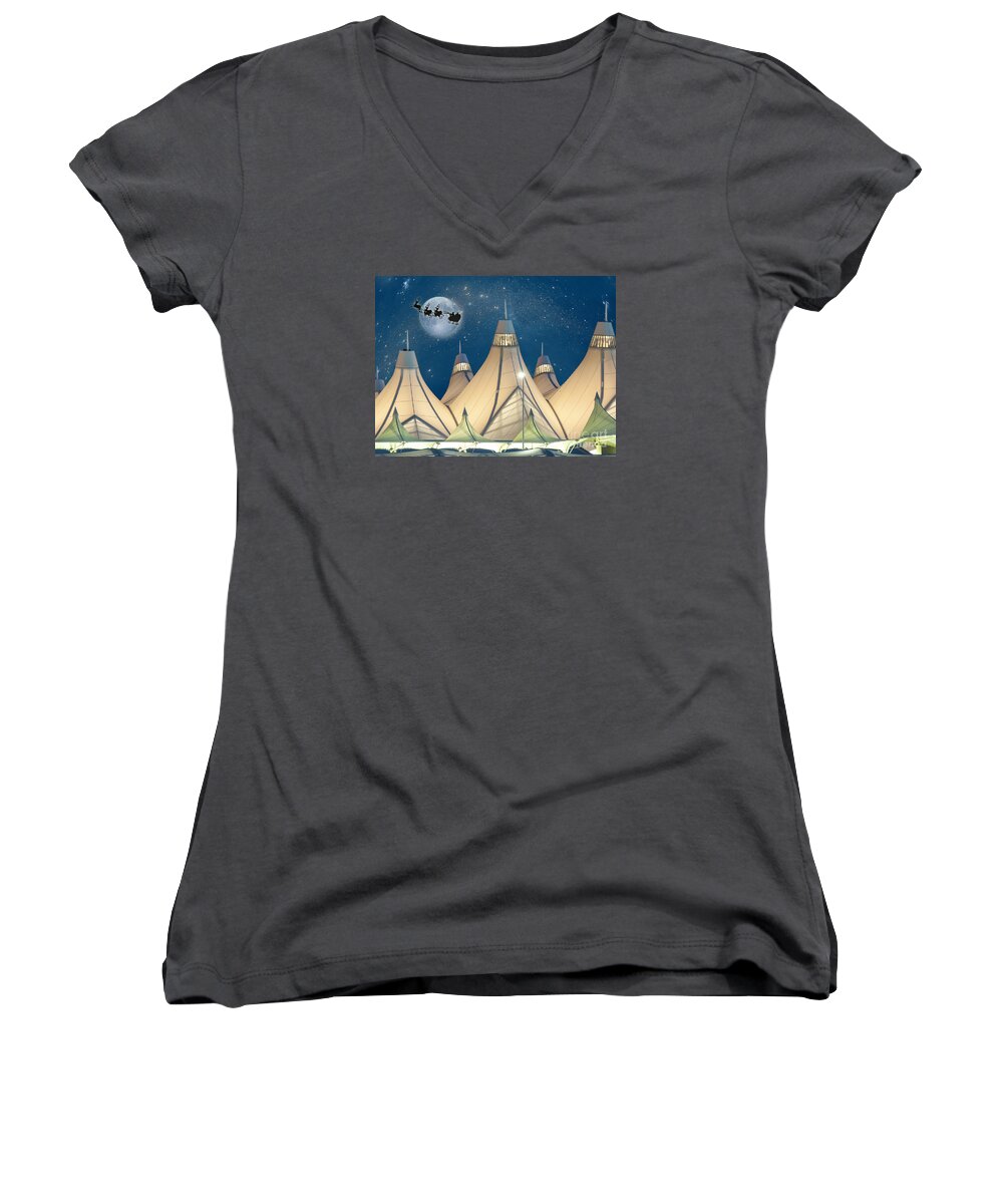 Airport Women's V-Neck featuring the photograph Christmas Night at Denver International Airport by Juli Scalzi