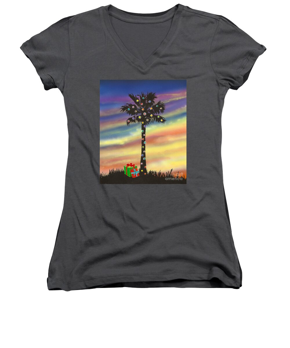 Palm Tree Women's V-Neck featuring the painting San Clemente Christmas by Mary Scott