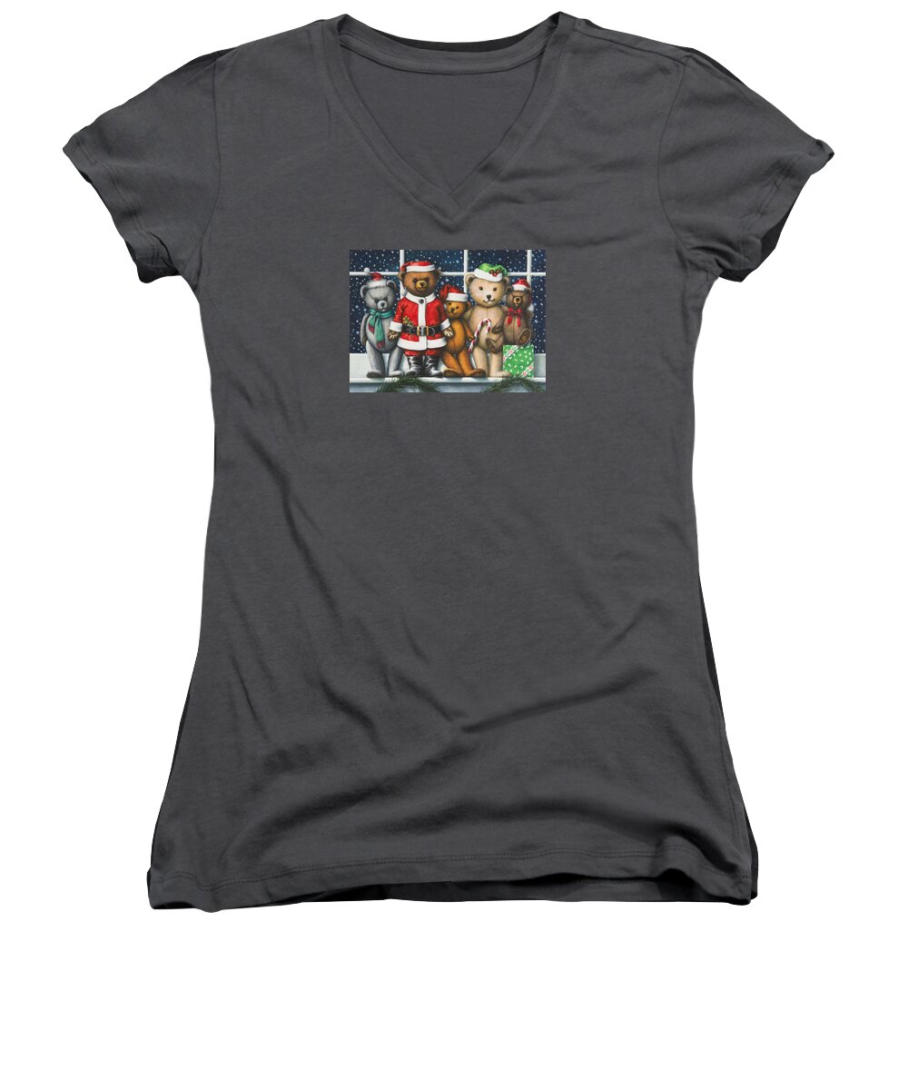Teddy Bears Women's V-Neck featuring the painting Christmas Teddies by Lynn Bywaters