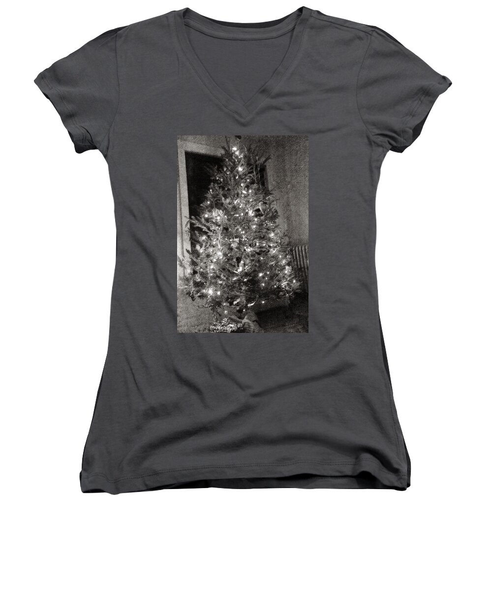 Monochrome Women's V-Neck featuring the photograph Christmas Tree Memories, Monochrome by Carol Whaley Addassi