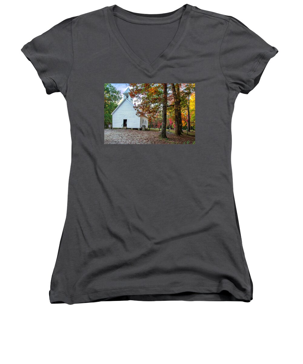 Church Women's V-Neck featuring the photograph Church in Fall by Mary Almond