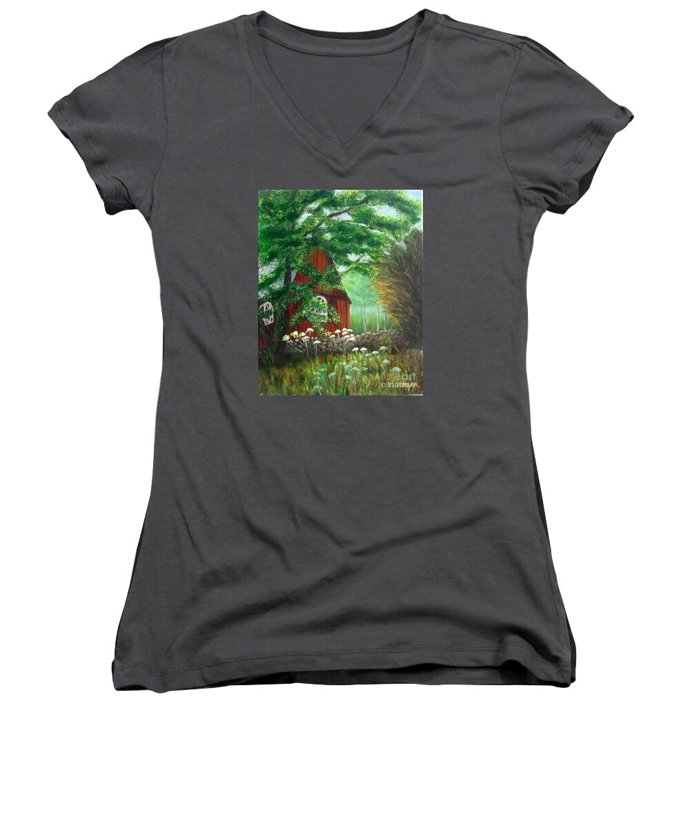 Church Women's V-Neck featuring the painting Church in the Glen by Laurie Morgan