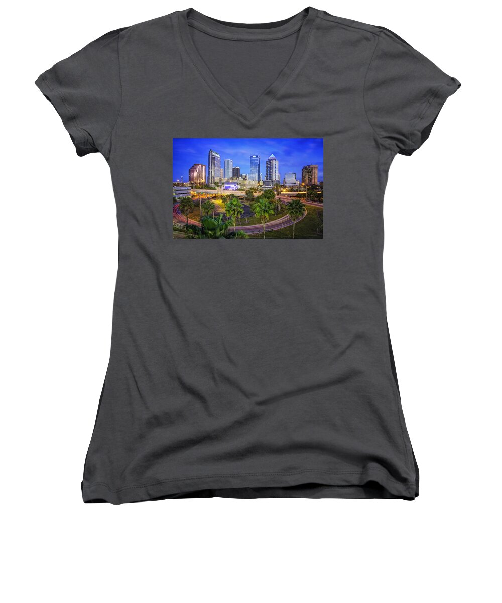 Tampa Women's V-Neck featuring the photograph City of Tampa at Dawn in HDR by Michael White