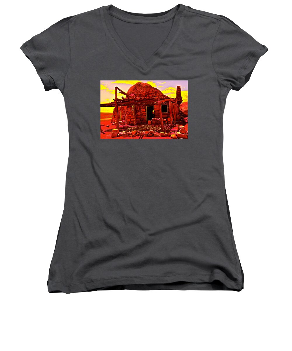 Abstract Women's V-Neck featuring the photograph Cliff Dwellers in red by Jim Hogg