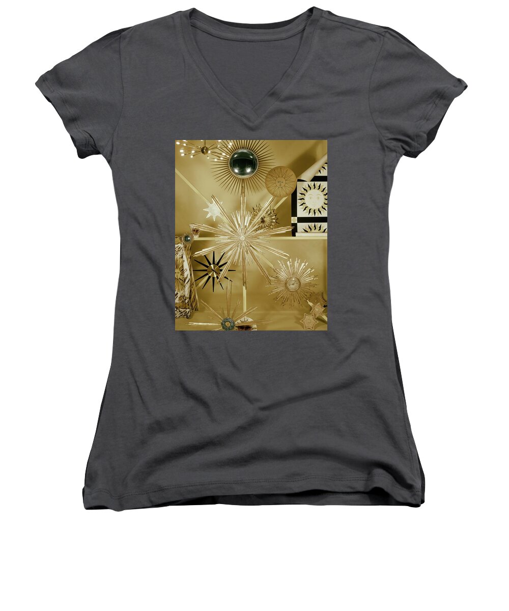 Studio Shot Women's V-Neck featuring the photograph Clocks Hanging On The Wall by Herbert Matter
