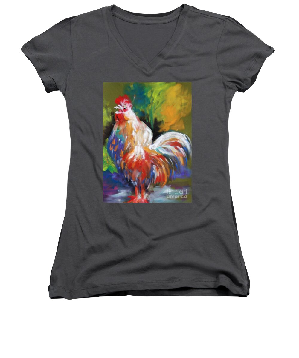 Rooster Women's V-Neck featuring the painting Colorful Rooster by Melinda Etzold