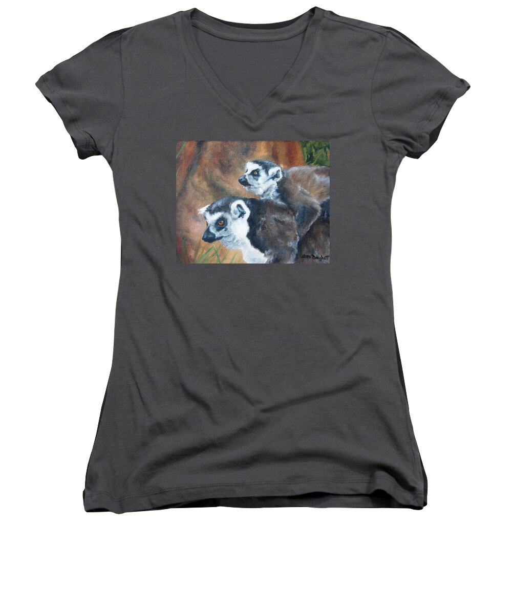 Lemur Women's V-Neck featuring the painting Come On Come On Theyre Ahead by Lori Brackett