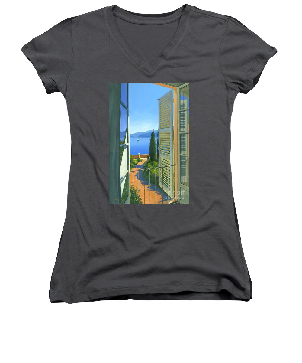 Lake Como Women's V-Neck featuring the painting Como View by Michael Swanson