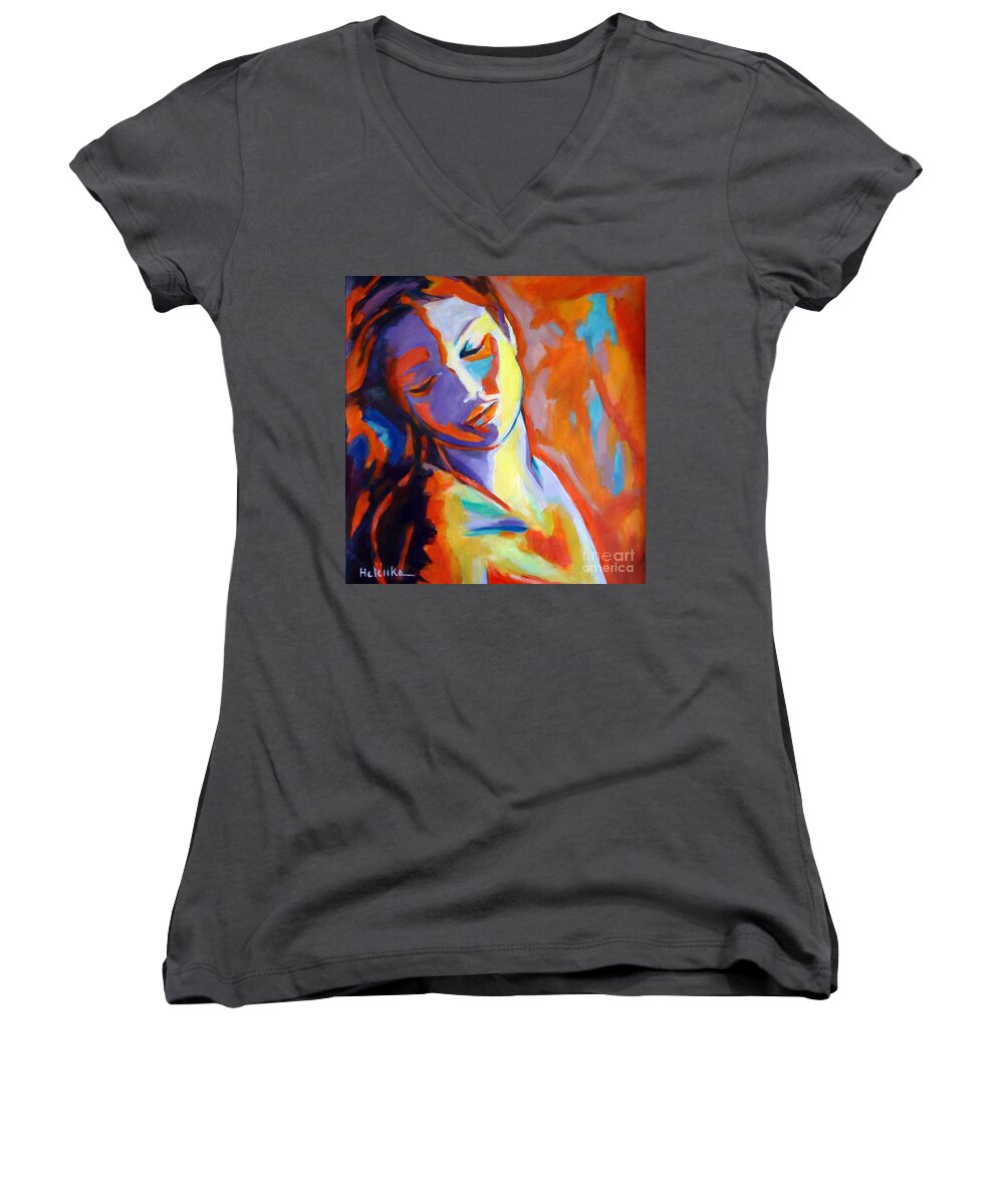 Affordable Original Paintings Women's V-Neck featuring the painting Concealed sorrows by Helena Wierzbicki