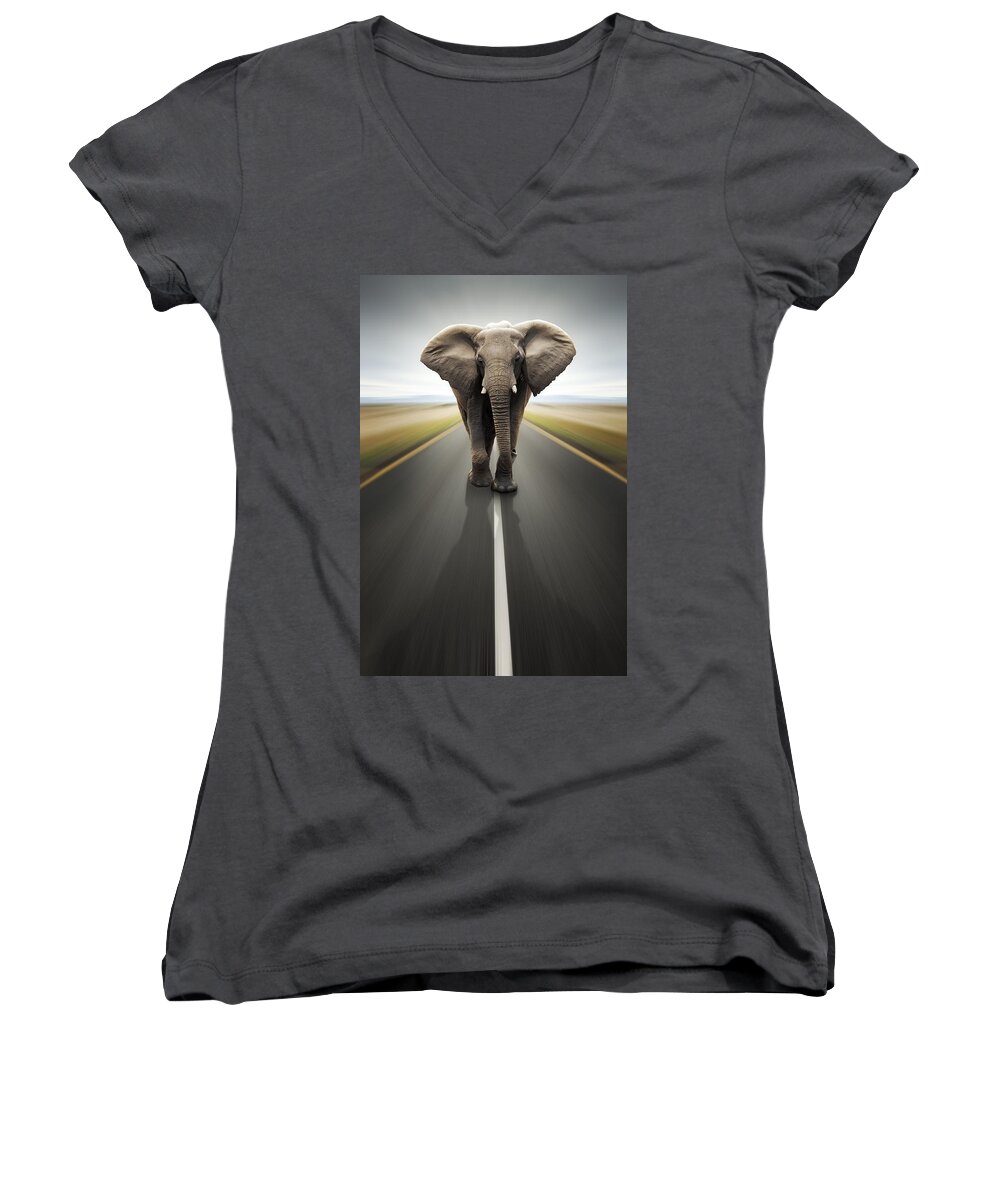 Elephant Women's V-Neck featuring the photograph Heavy duty transport / travel by road by Johan Swanepoel
