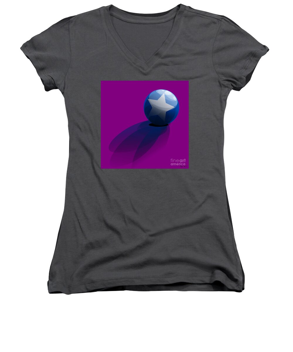 Purple Women's V-Neck featuring the digital art Blue Ball decorated with star purple background by Vintage Collectables