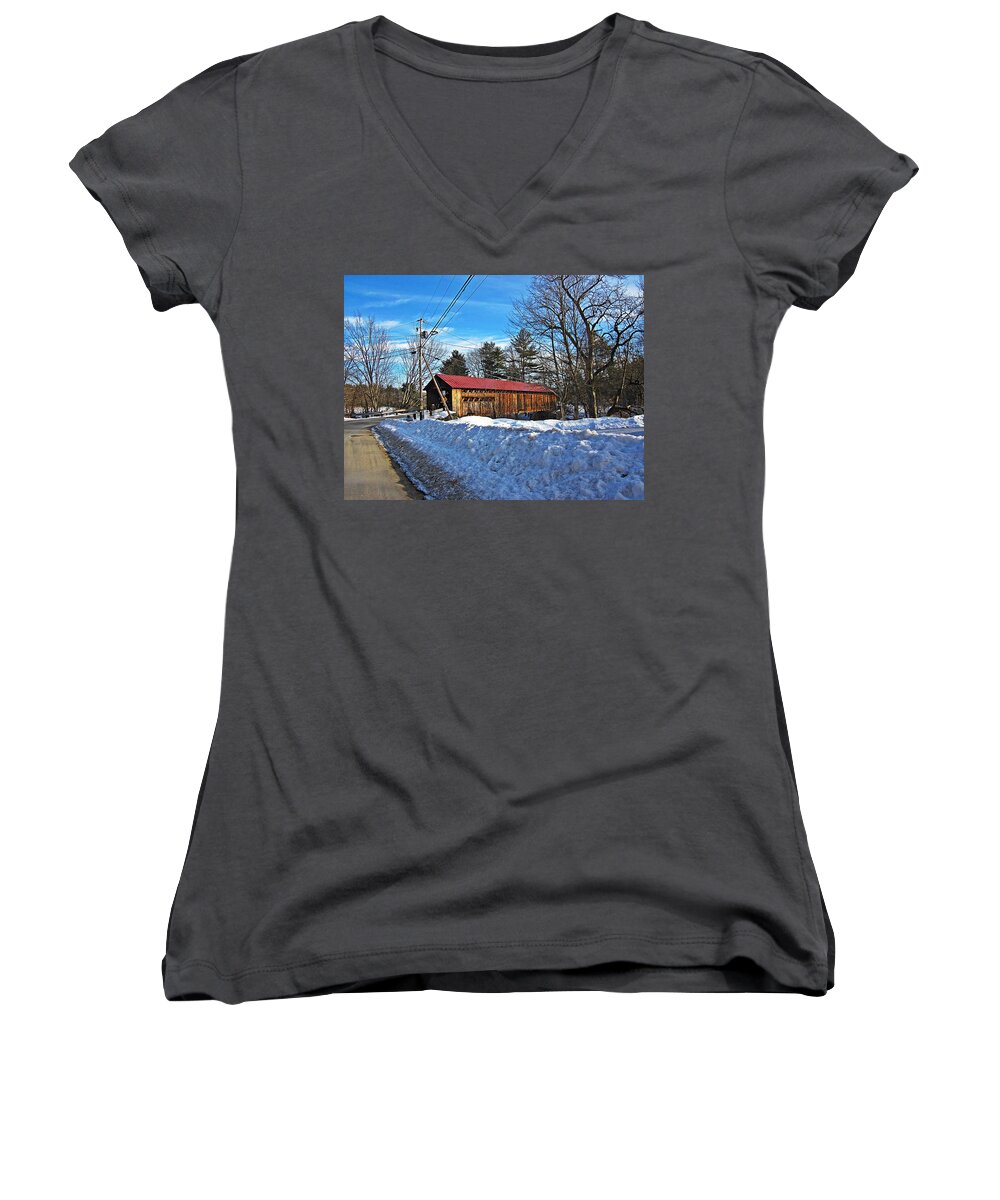 Coombs Bridge Women's V-Neck featuring the photograph Coombs Bridge in Winter by MTBobbins Photography