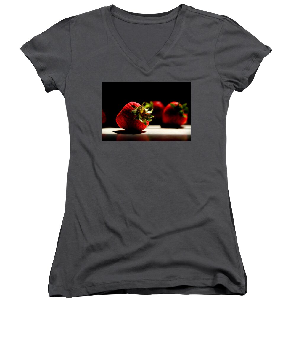 Red Strawberries Women's V-Neck featuring the photograph Countertop Strawberries by Michael Eingle