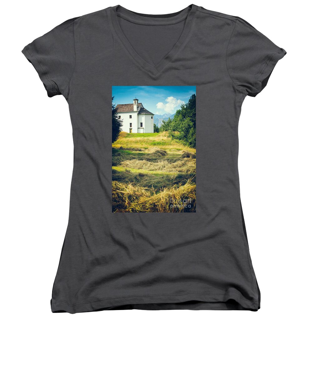 Alpine Women's V-Neck featuring the photograph Country church with hay by Silvia Ganora