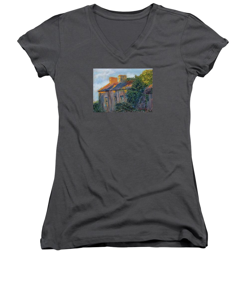 Irish Cottage Women's V-Neck featuring the painting County Clare Late Afternoon by Mary Benke