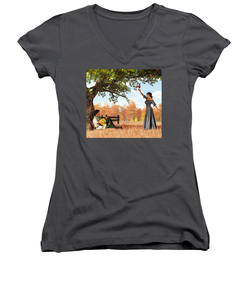 Couple At The Apple Tree Women's V-Neck featuring the digital art Couple at the Apple Tree by Daniel Eskridge