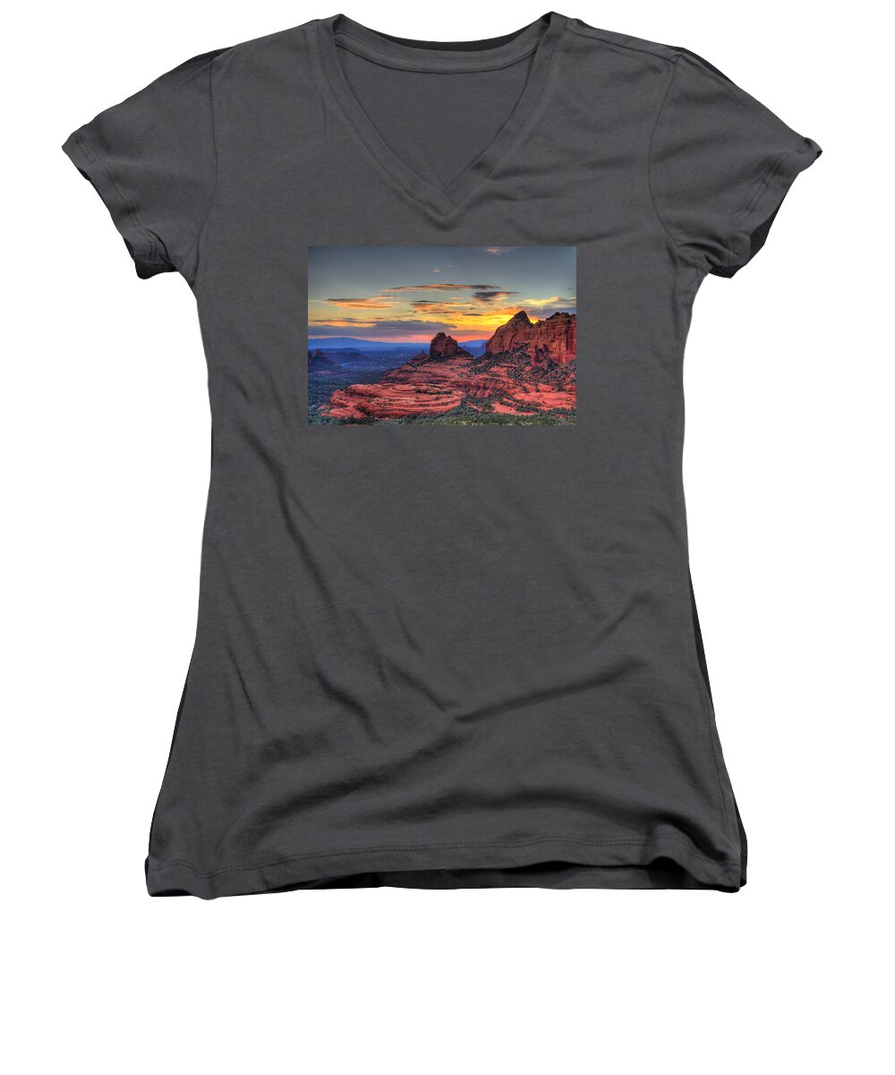 Red Rocks Women's V-Neck featuring the photograph Cow Pies Sunset by Alexey Stiop