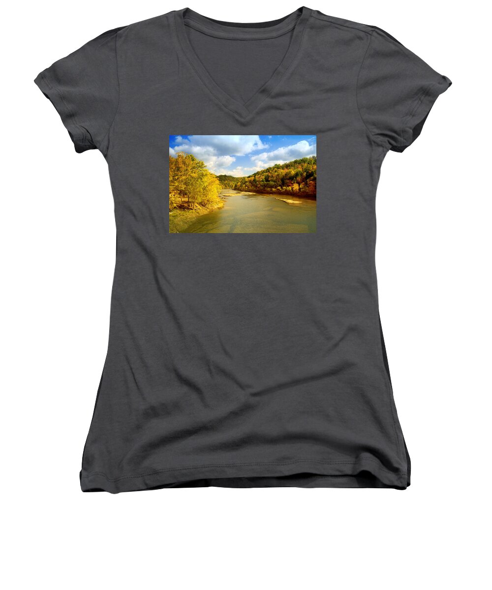 River Women's V-Neck featuring the photograph Cumberland River in fall by Alexey Stiop