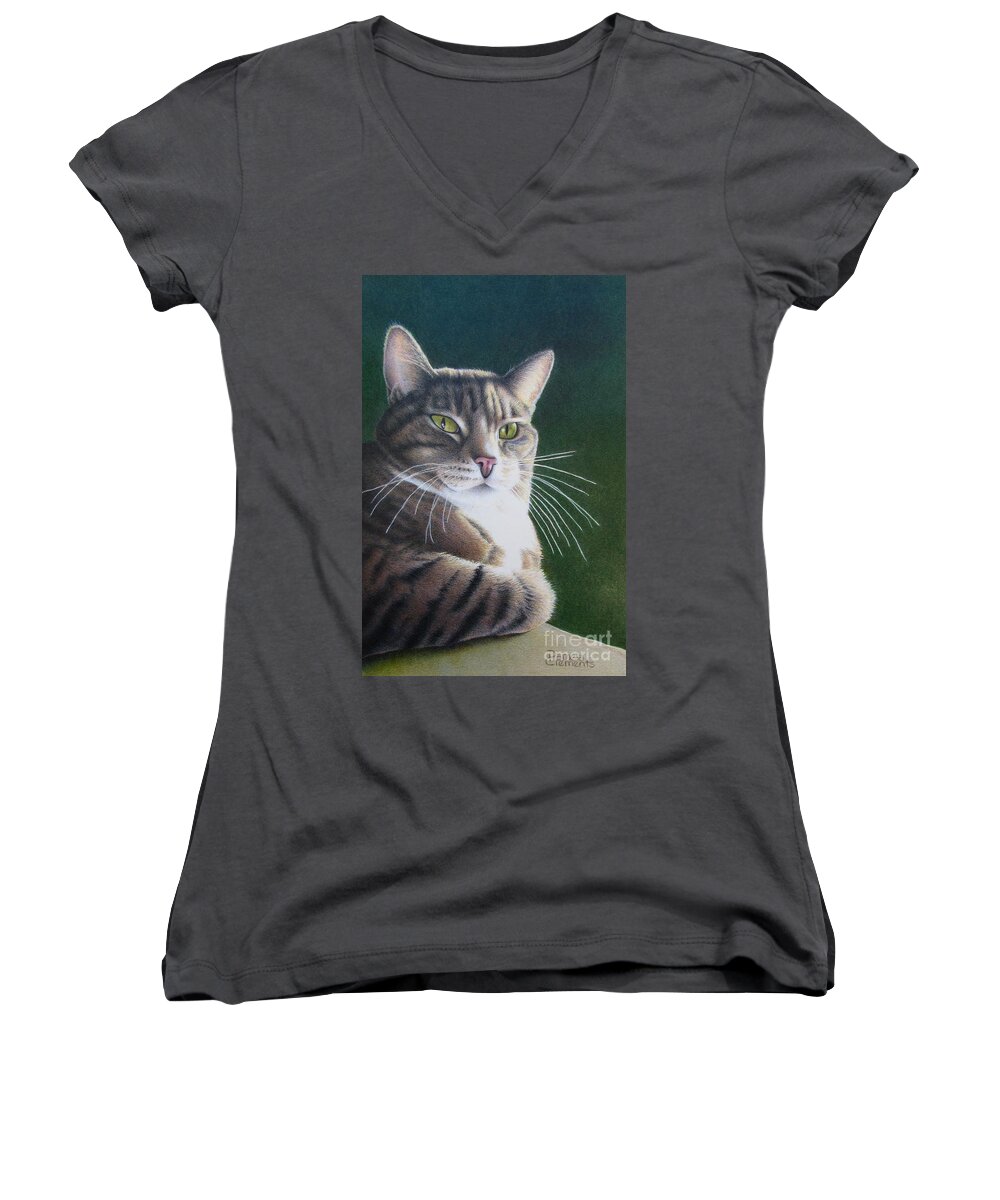 Color Pencil Women's V-Neck featuring the painting Royalty by Pamela Clements