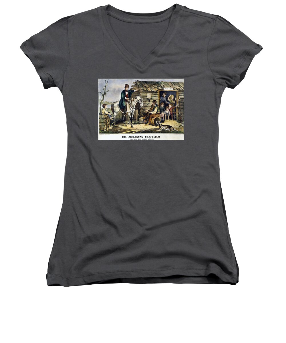 1870 Women's V-Neck featuring the drawing The Arkansas Traveler by Currier and Ives