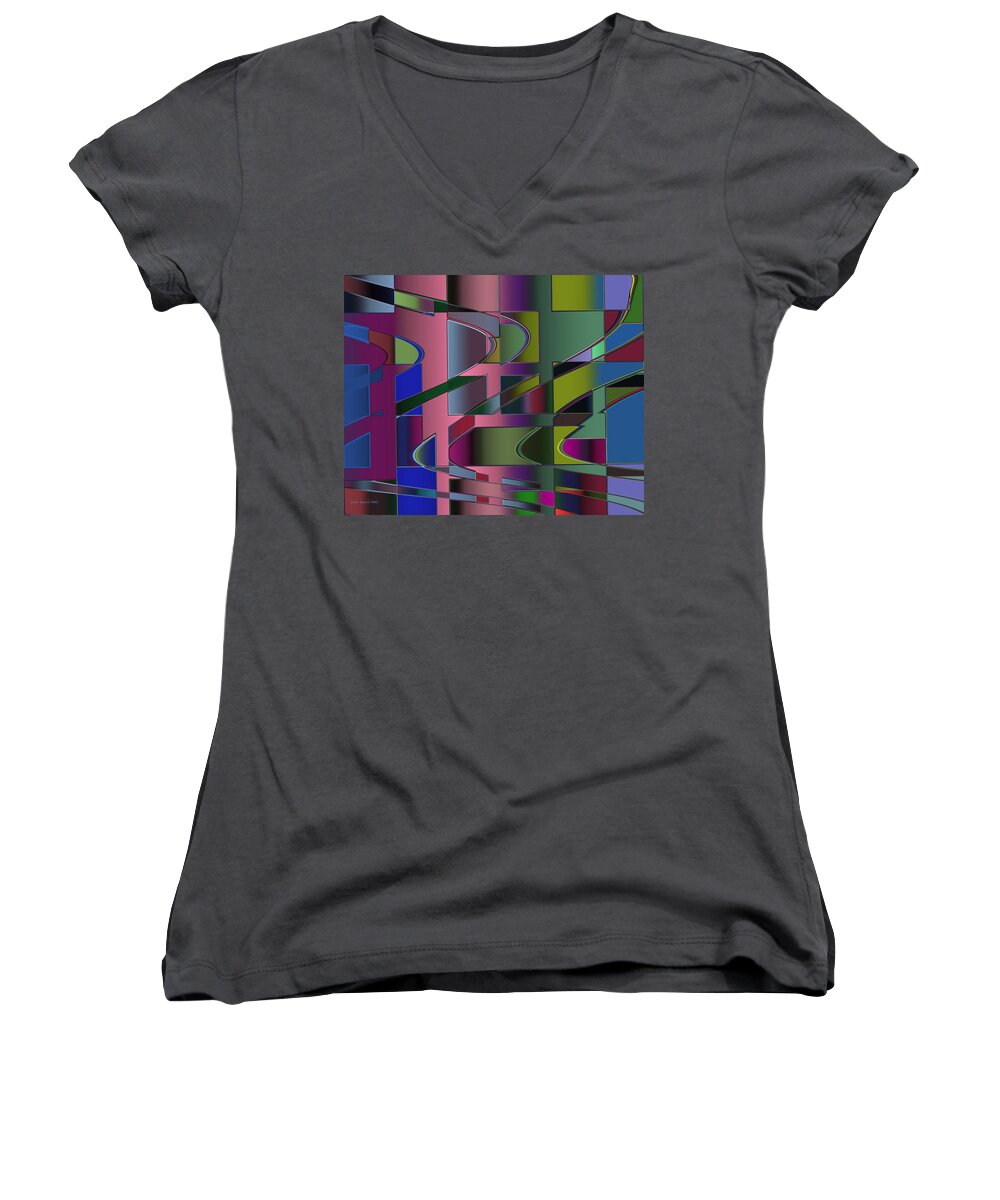 Geometric Women's V-Neck featuring the digital art Curves and Trapezoids 3 by Judi Suni Hall