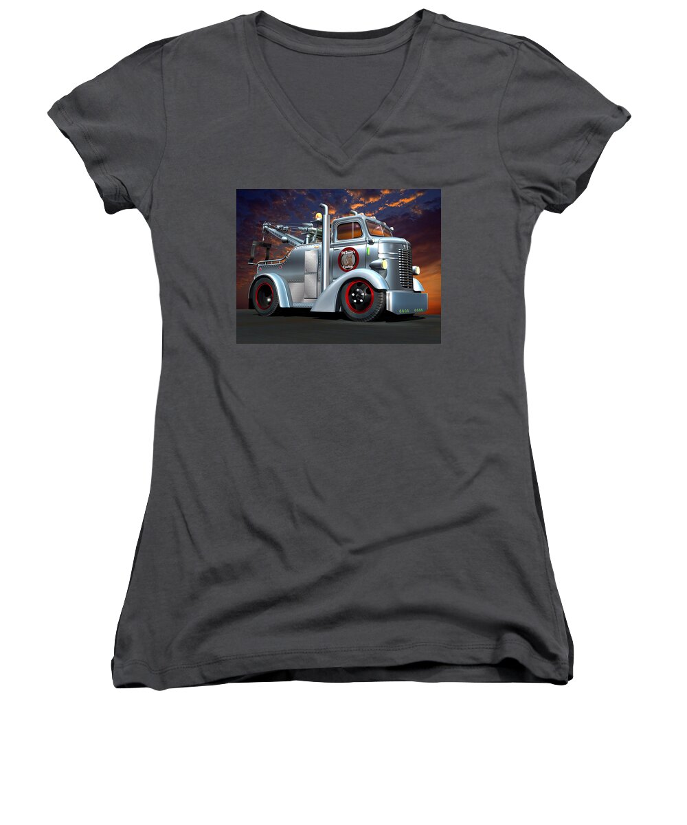 Dodge Women's V-Neck featuring the digital art Custom COE Tow Truck by Stuart Swartz