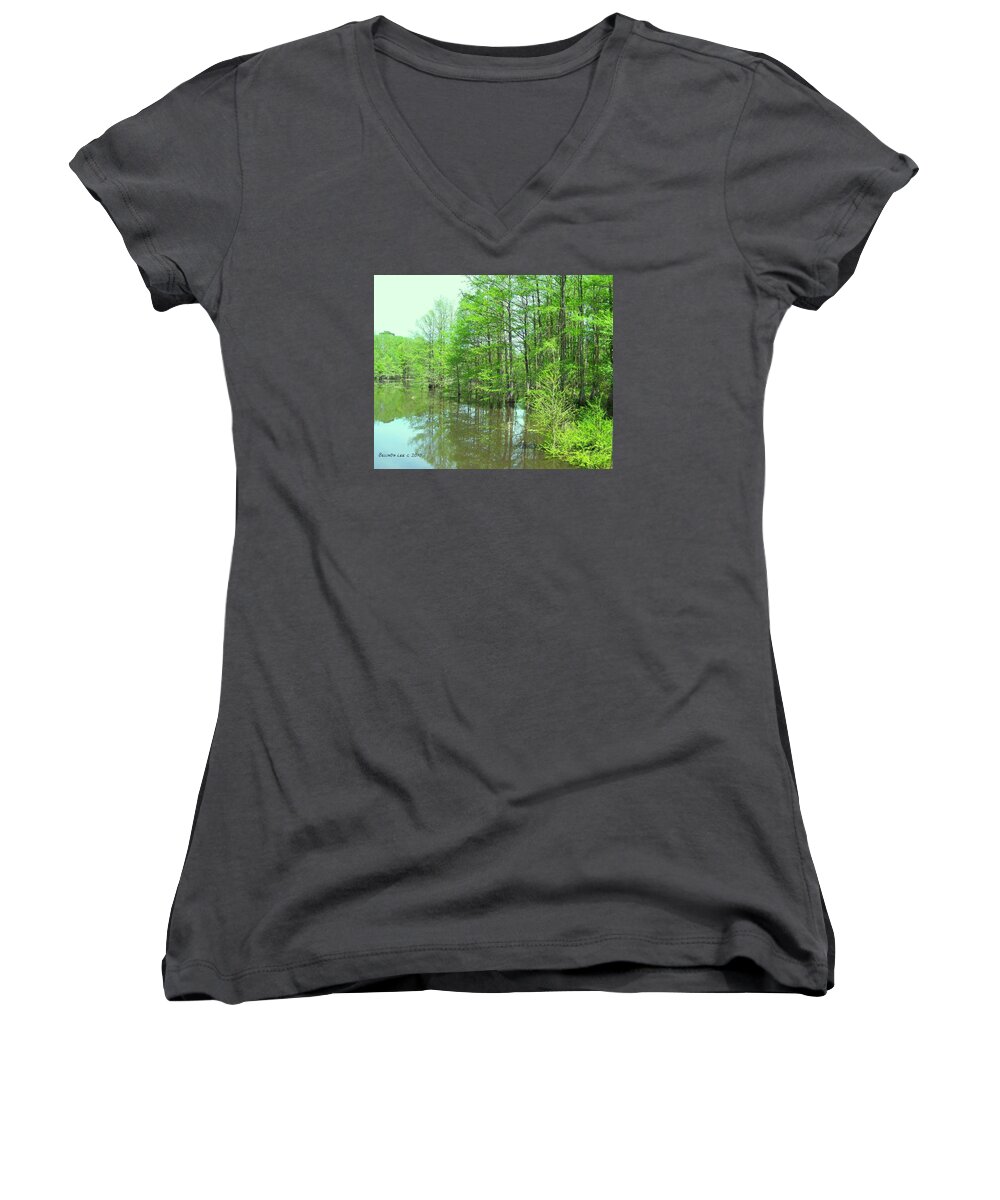 Nature At The Mill Pond Cypress Trees Bass Catfish Water Moccasins And White Tail Deer Women's V-Neck featuring the photograph Bright Green Cypress Trees Reflection by Belinda Lee
