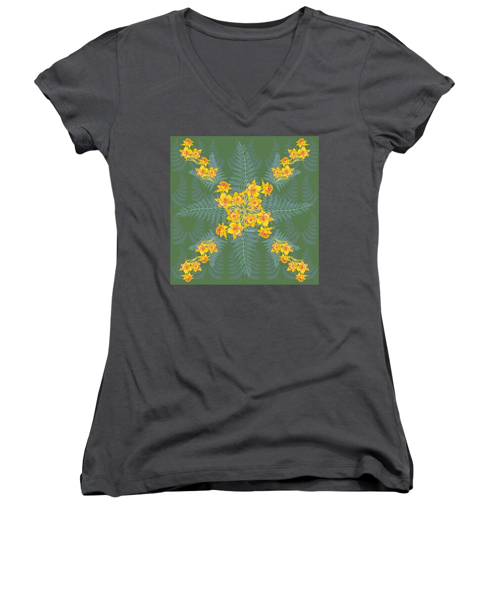 Daffodils Women's V-Neck featuring the painting Daffodils Duvet Cover on Forest Green by Teresa Ascone