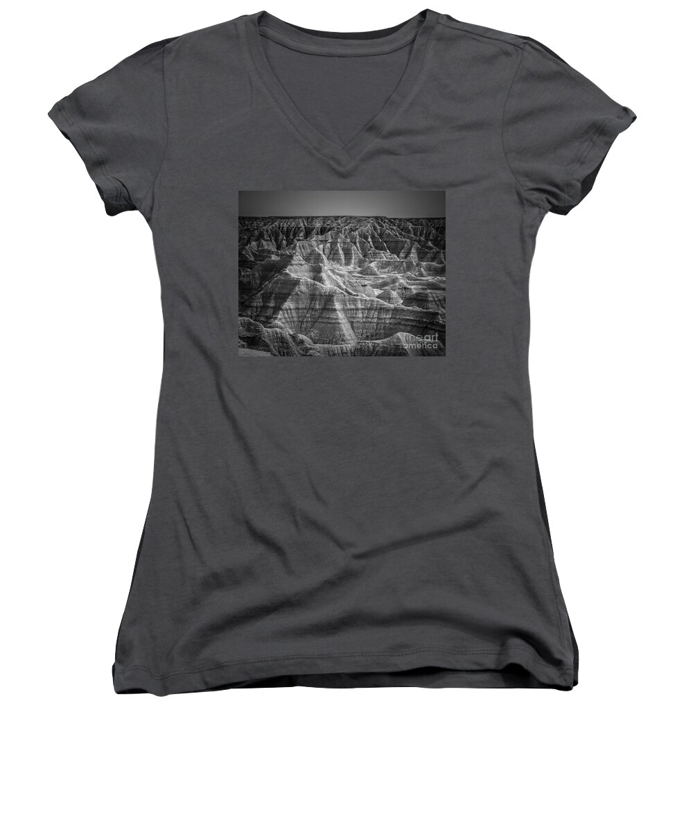 Badlands Women's V-Neck featuring the photograph Dakota Badlands by Perry Webster