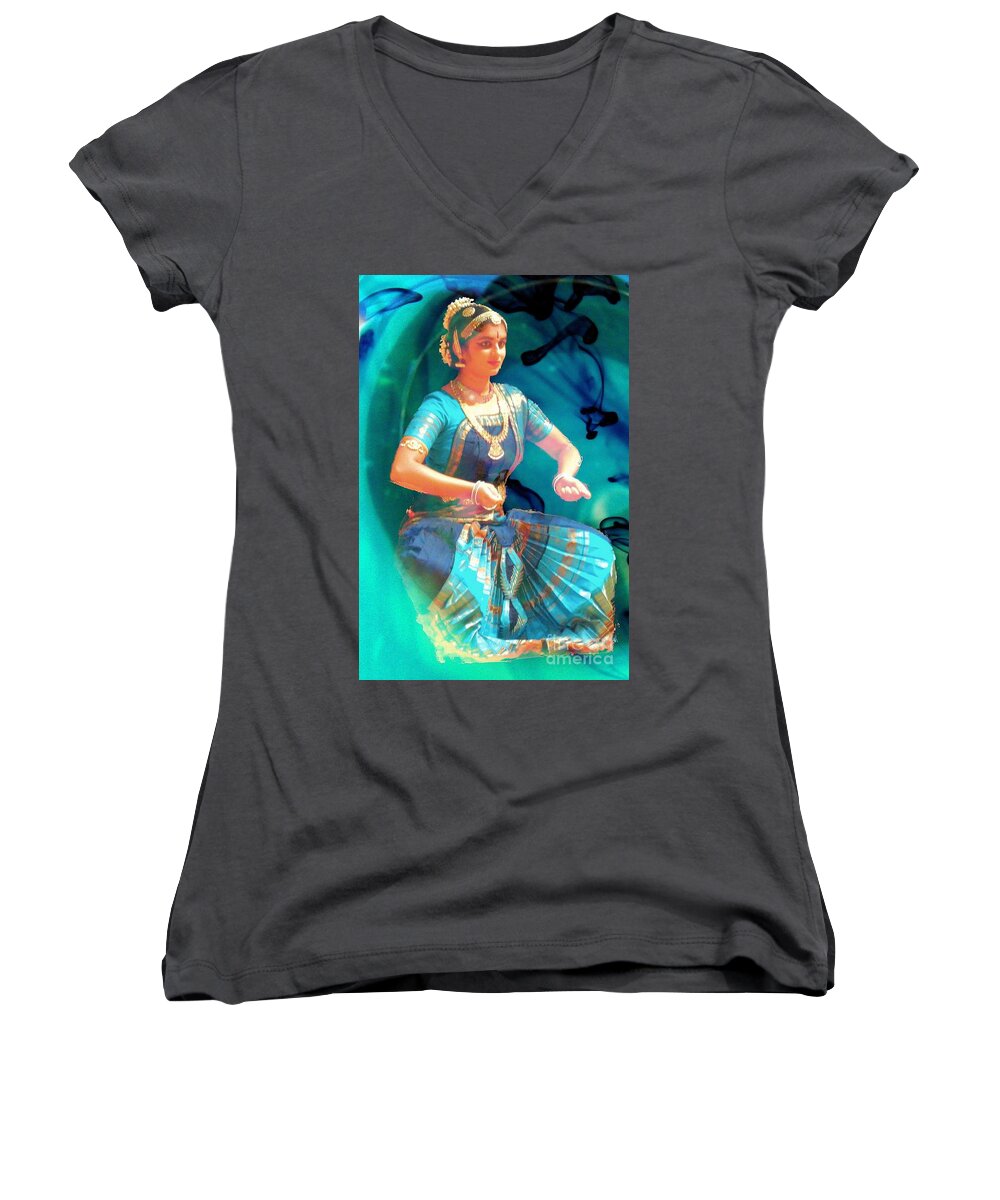 India Women's V-Neck featuring the photograph Dancing Girl with Gold Necklace by Janette Boyd
