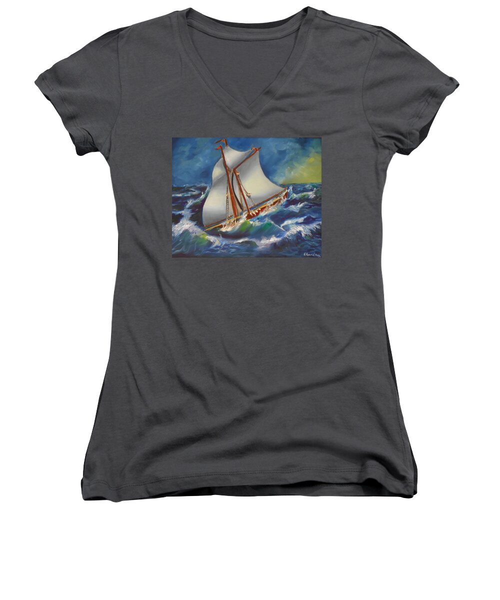 Seascapes Women's V-Neck featuring the painting Daves' Ship by Charme Curtin