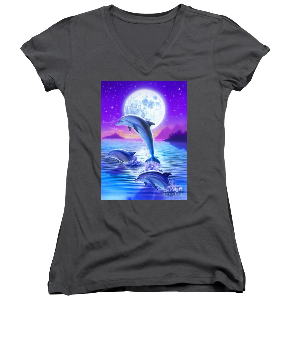 Robin Koni Women's V-Neck featuring the digital art Day of the Dolphin by MGL Meiklejohn Graphics Licensing