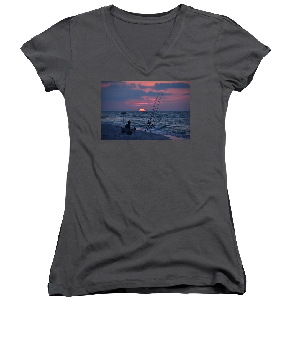 Daybreak Women's V-Neck featuring the photograph Daybreak on Navarre Beach with Deng the Fisherman by Jeff at JSJ Photography
