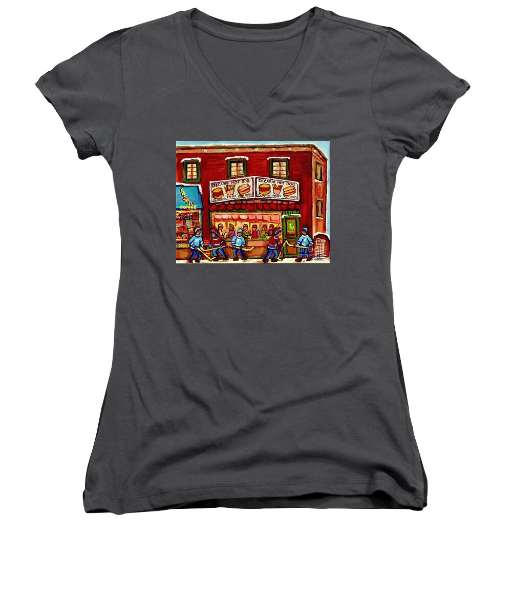 Montreal Women's V-Neck featuring the painting Decarie Hot Dog Restaurant Cosmix Comic Store Montreal Paintings Hockey Art Winter Scenes C Spandau by Carole Spandau